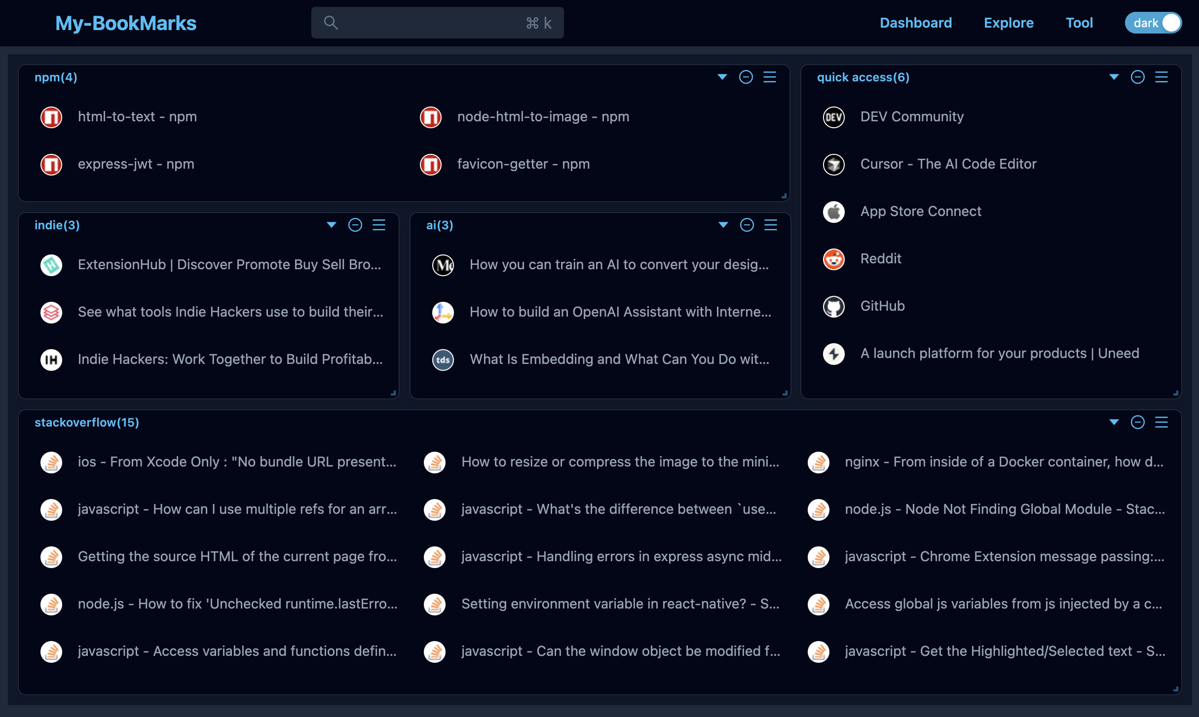 Bookmark Dashboard dark theme interface example 1